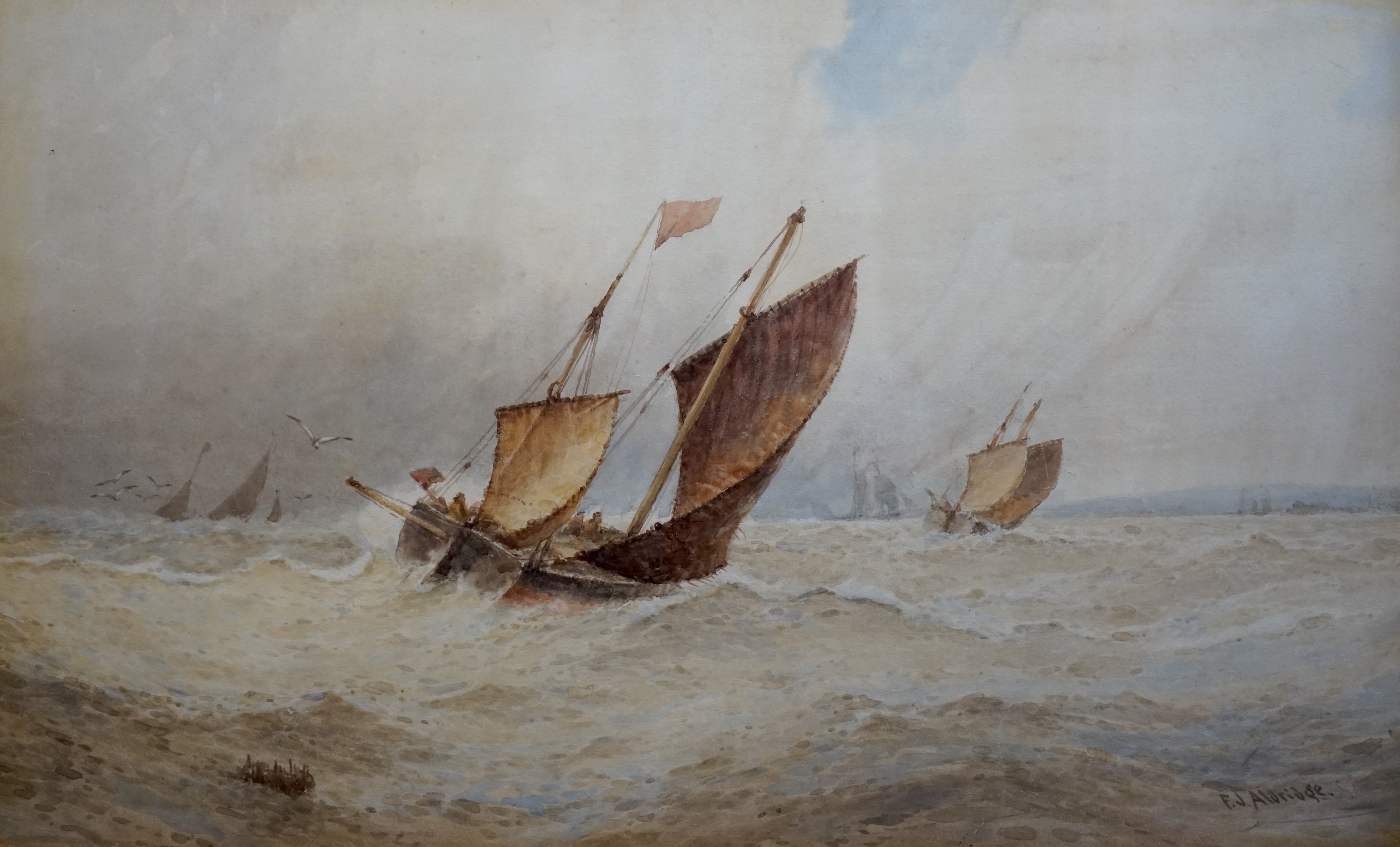 Frederick James Aldridge (1850–1933), Fishing boats at sea, watercolour, 46 x 75cm